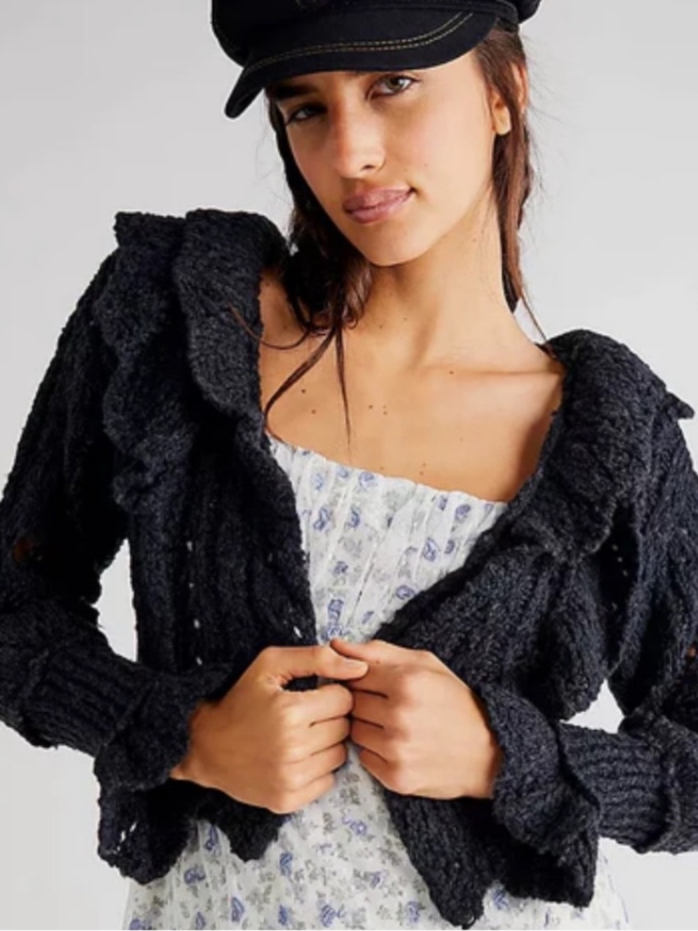 Free People Black Teddy Knit Ruffle Jacket